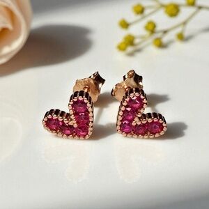 New Rose Gold-Plated Sterling Silver & Pink CZ Heart Stud Earrings 💖